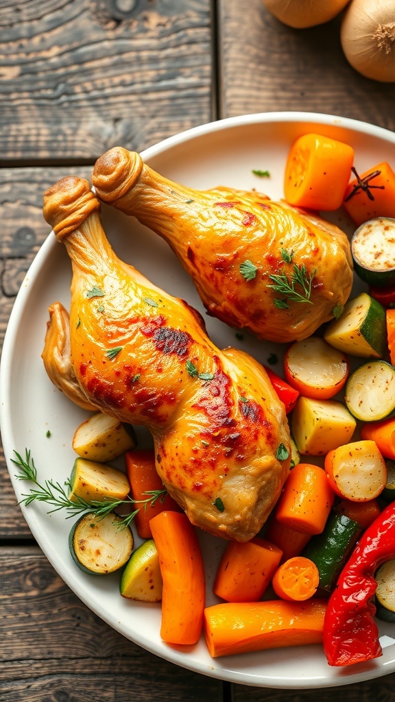 Oven-baked chicken drumsticks with roasted bell peppers, carrots, and zucchini on a rustic table.